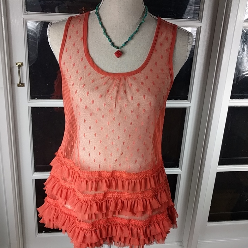 NWOT Ryu boutique sheer orange lace top
